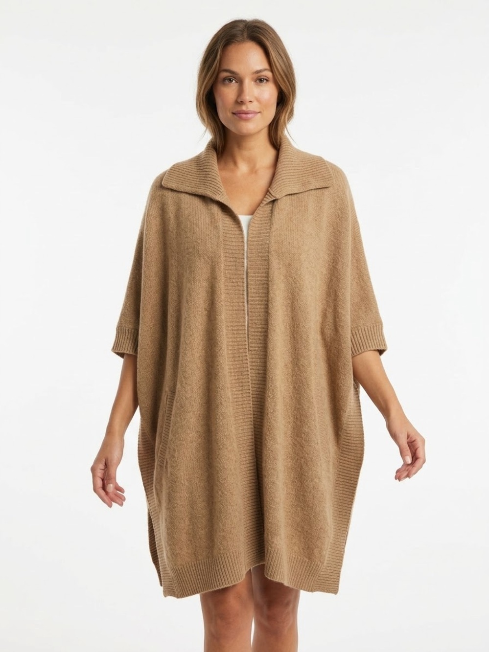 KENAR Wool Blend Open Front Poncho Cardigan Sweater Camel Tan L⁠